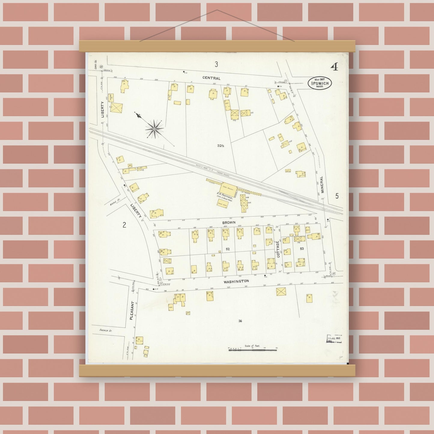 Old map wall art mockup — magnetic wood frame on brick wall — Sanborn Fire Insurance Map from Ipswich, Essex County, Massachusetts (1907), Sheet #0004
