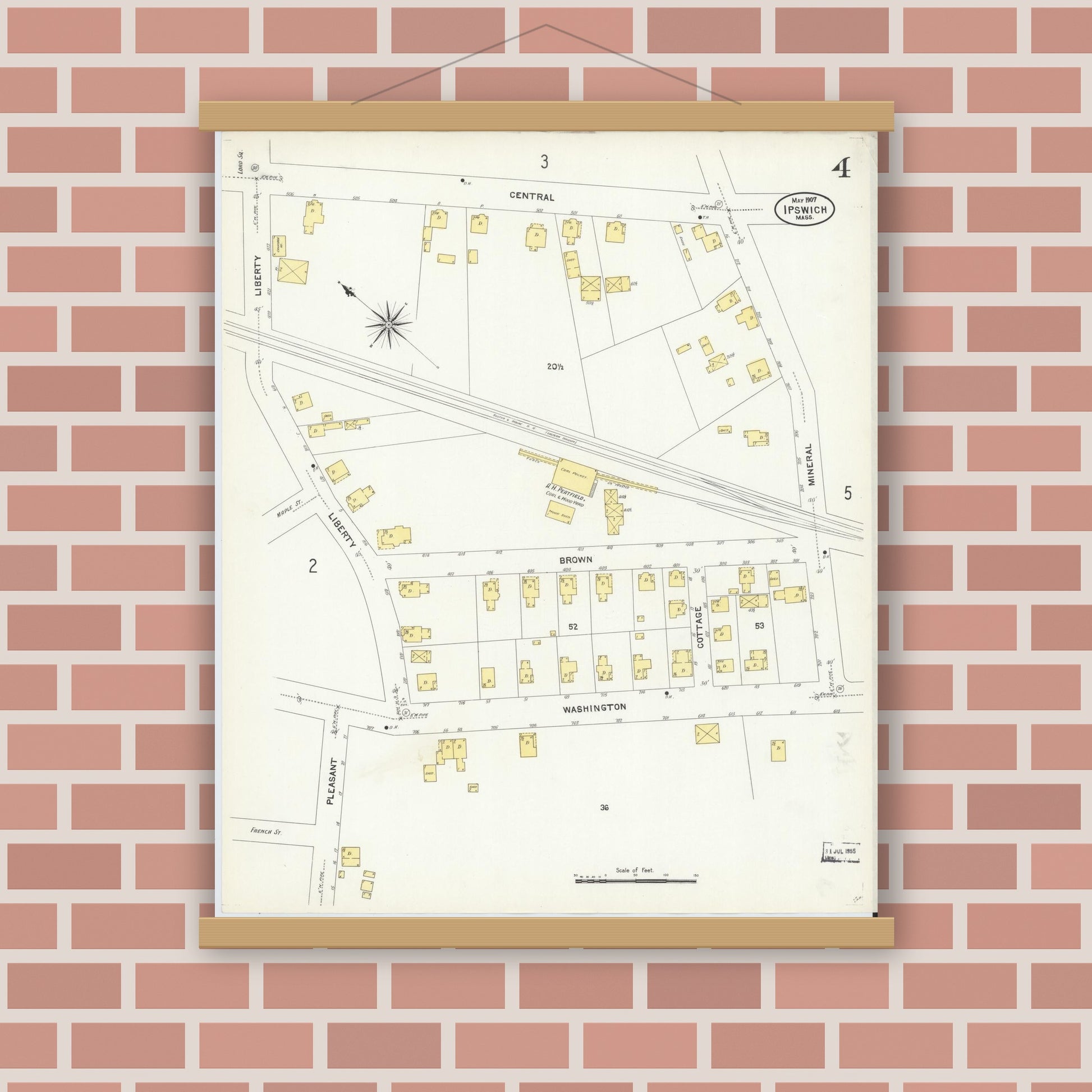 Old map wall art mockup — magnetic wood frame on brick wall — Sanborn Fire Insurance Map from Ipswich, Essex County, Massachusetts (1907), Sheet #0004