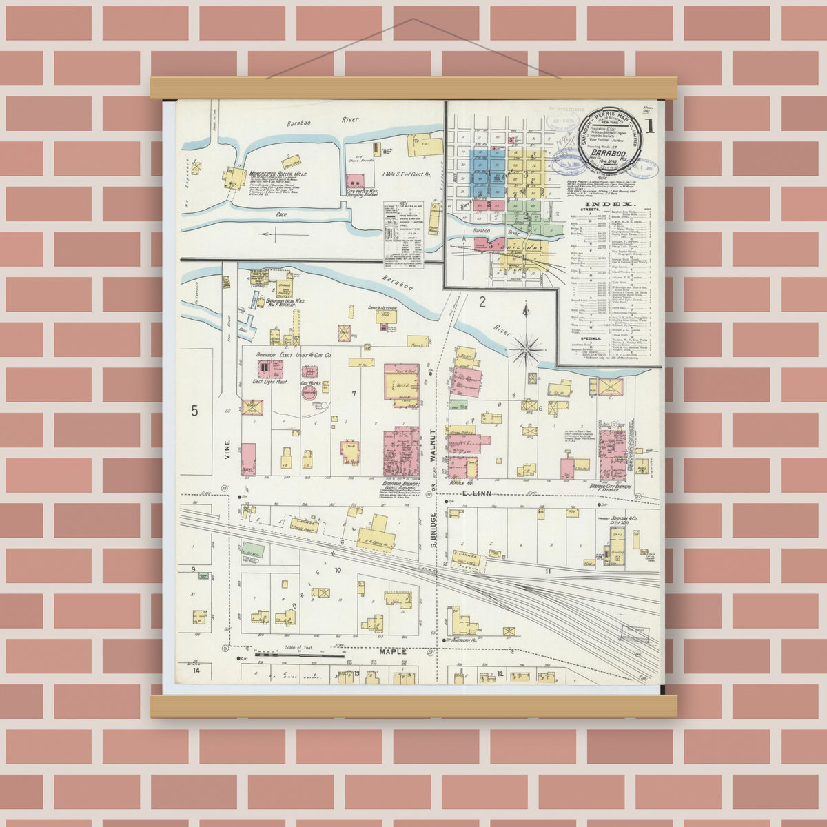 Old map wall art mockup — magnetic wood frame on brick wall — Sanborn Fire Insurance Map from Baraboo, Sauk County, Wisconsin (1898), Sheet #0001