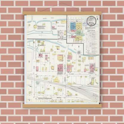 Old map wall art mockup — magnetic wood frame on brick wall — Sanborn Fire Insurance Map from Baraboo, Sauk County, Wisconsin (1898), Sheet #0001