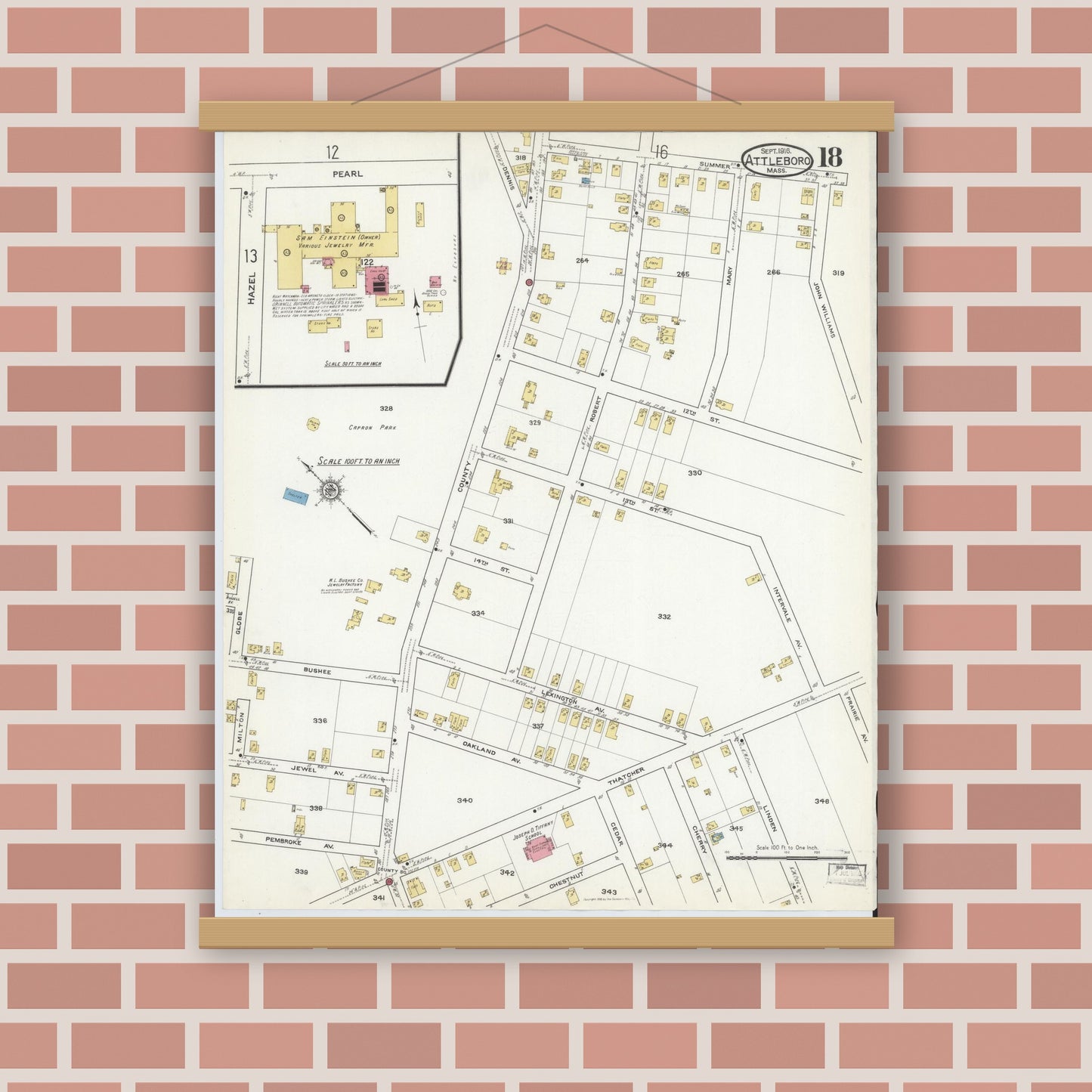 Old map wall art mockup — magnetic wood frame on brick wall — Sanborn Fire Insurance Map from Attleboro, Bristol County, Massachusetts (1916), Sheet #0018