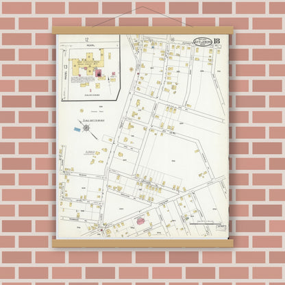 Old map wall art mockup — magnetic wood frame on brick wall — Sanborn Fire Insurance Map from Attleboro, Bristol County, Massachusetts (1916), Sheet #0018