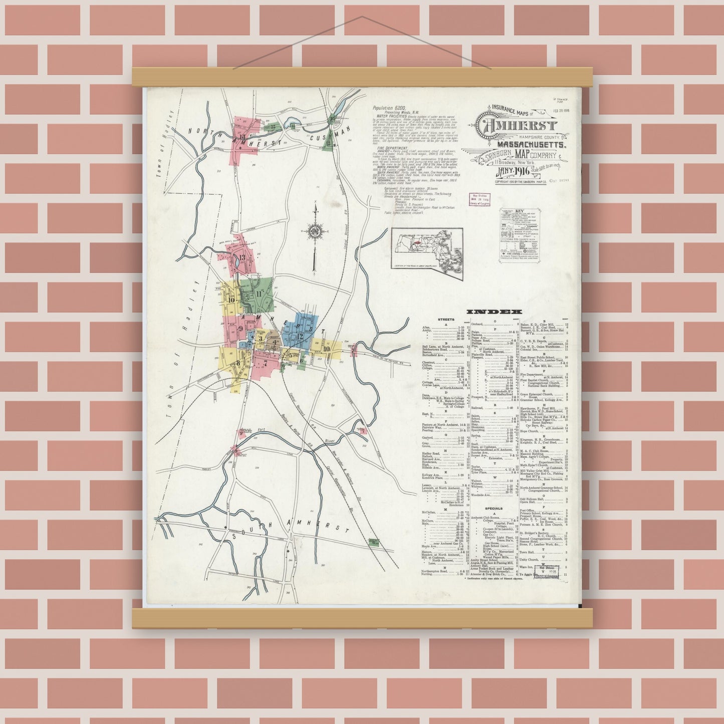 Old map wall art mockup — magnetic wood frame on brick wall — Sanborn Fire Insurance Map from Amherst, Hampshire County, Massachusetts (1916) - Complete Map Set