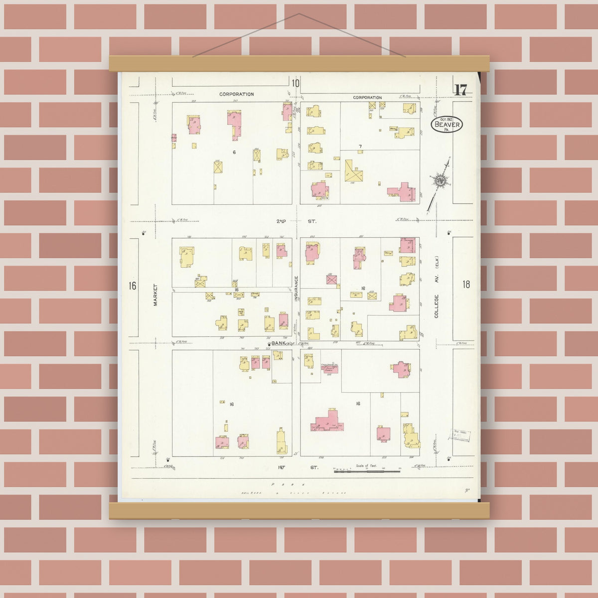 Old map wall art mockup — magnetic wood frame on brick wall — Sanborn Fire Insurance Map from Beaver, Beaver County, Pennsylvania (1912), Sheet #0017