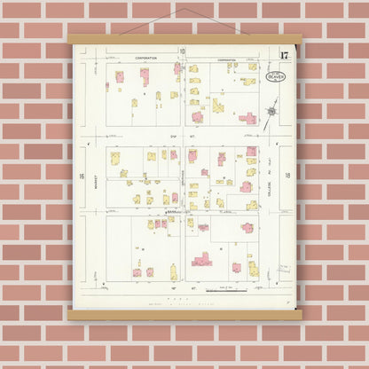 Old map wall art mockup — magnetic wood frame on brick wall — Sanborn Fire Insurance Map from Beaver, Beaver County, Pennsylvania (1912), Sheet #0017