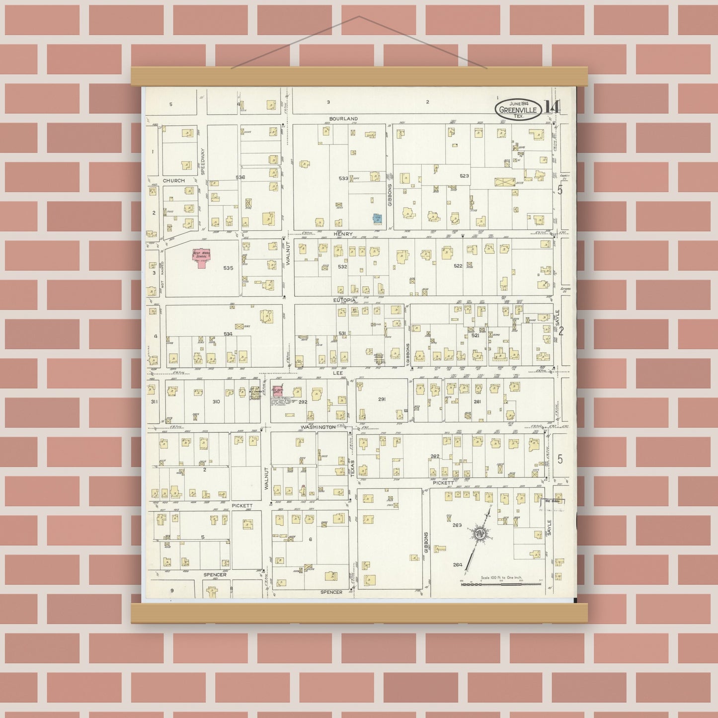 Old map wall art mockup — magnetic wood frame on brick wall — Sanborn Fire Insurance Map from Greenville, Hunt County, Texas (1914), Sheet #0014