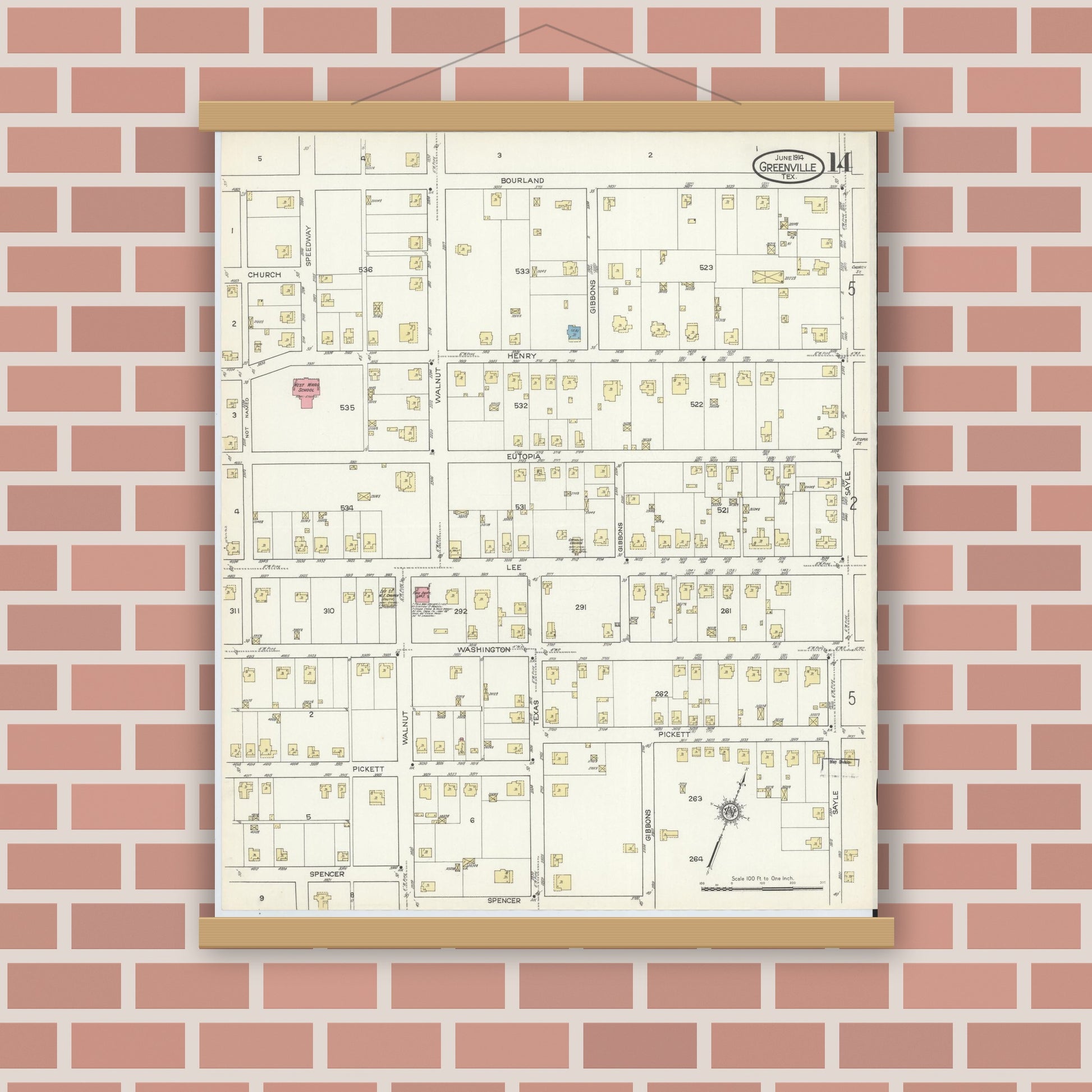 Old map wall art mockup — magnetic wood frame on brick wall — Sanborn Fire Insurance Map from Greenville, Hunt County, Texas (1914), Sheet #0014