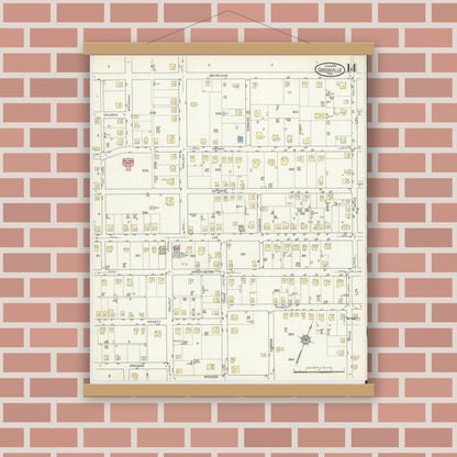 Old map wall art mockup — magnetic wood frame on brick wall — Sanborn Fire Insurance Map from Greenville, Hunt County, Texas (1914), Sheet #0014