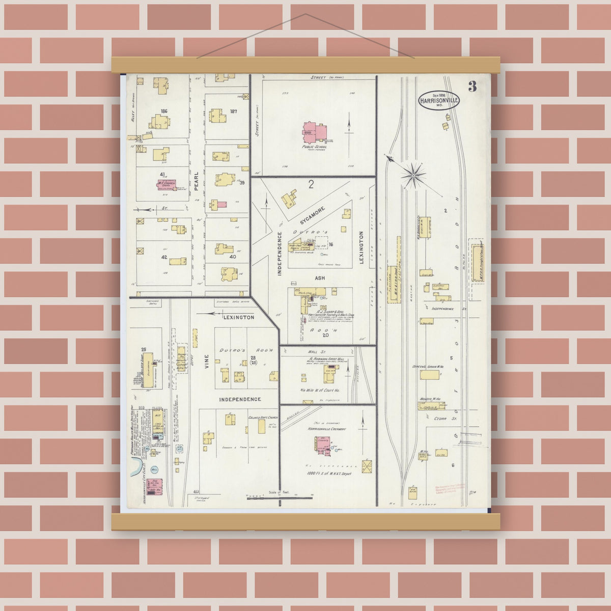 Old map wall art mockup — magnetic wood frame on brick wall — Sanborn Fire Insurance Map from Harrisonville, Cass County, Missouri (1898), Sheet #0003