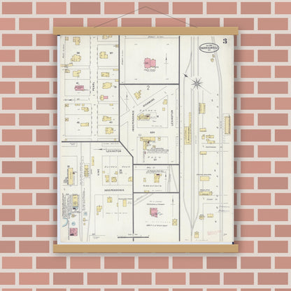 Old map wall art mockup — magnetic wood frame on brick wall — Sanborn Fire Insurance Map from Harrisonville, Cass County, Missouri (1898), Sheet #0003