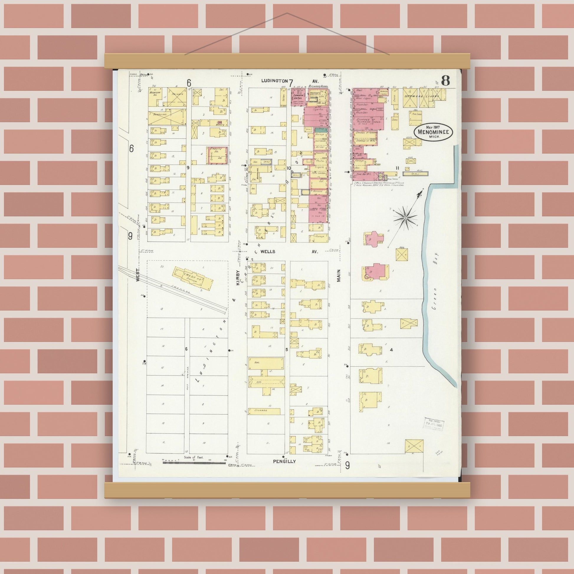 Old map wall art mockup — magnetic wood frame on brick wall — Sanborn Fire Insurance Map from Menominee, Menominee County, Michigan (1907), Sheet #0008