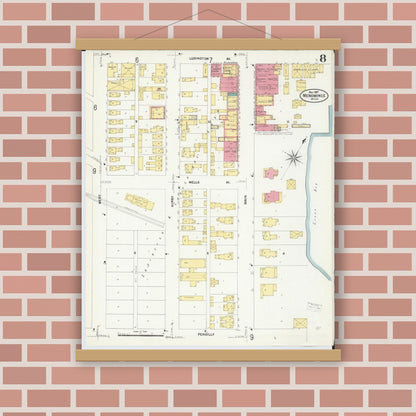 Old map wall art mockup — magnetic wood frame on brick wall — Sanborn Fire Insurance Map from Menominee, Menominee County, Michigan (1907), Sheet #0008