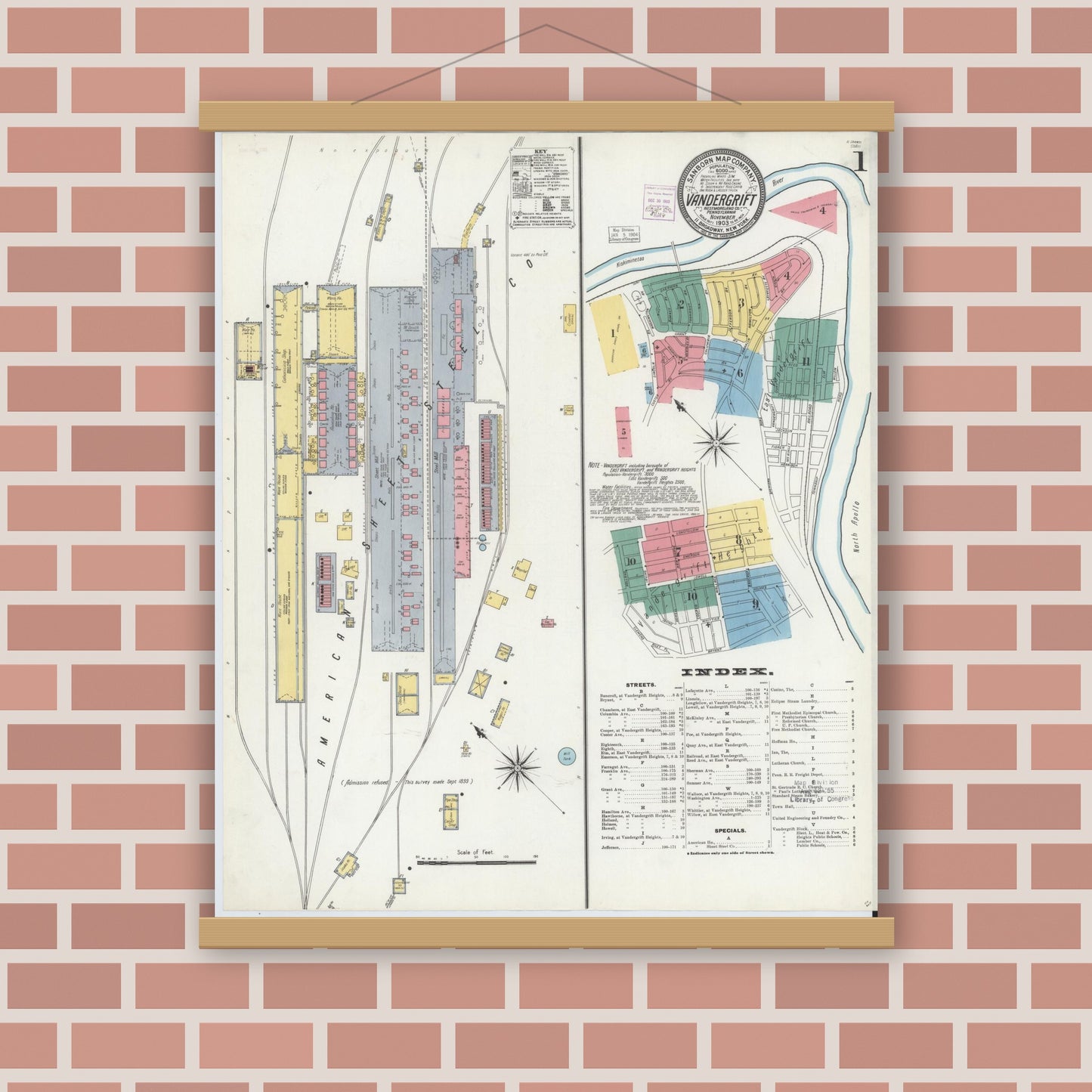 Old map wall art mockup — magnetic wood frame on brick wall — Sanborn Fire Insurance Map from Vandergrift, Westmoreland County, Pennsylvania (1903), Sheet #0001