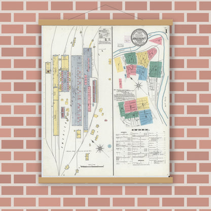 Old map wall art mockup — magnetic wood frame on brick wall — Sanborn Fire Insurance Map from Vandergrift, Westmoreland County, Pennsylvania (1903), Sheet #0001