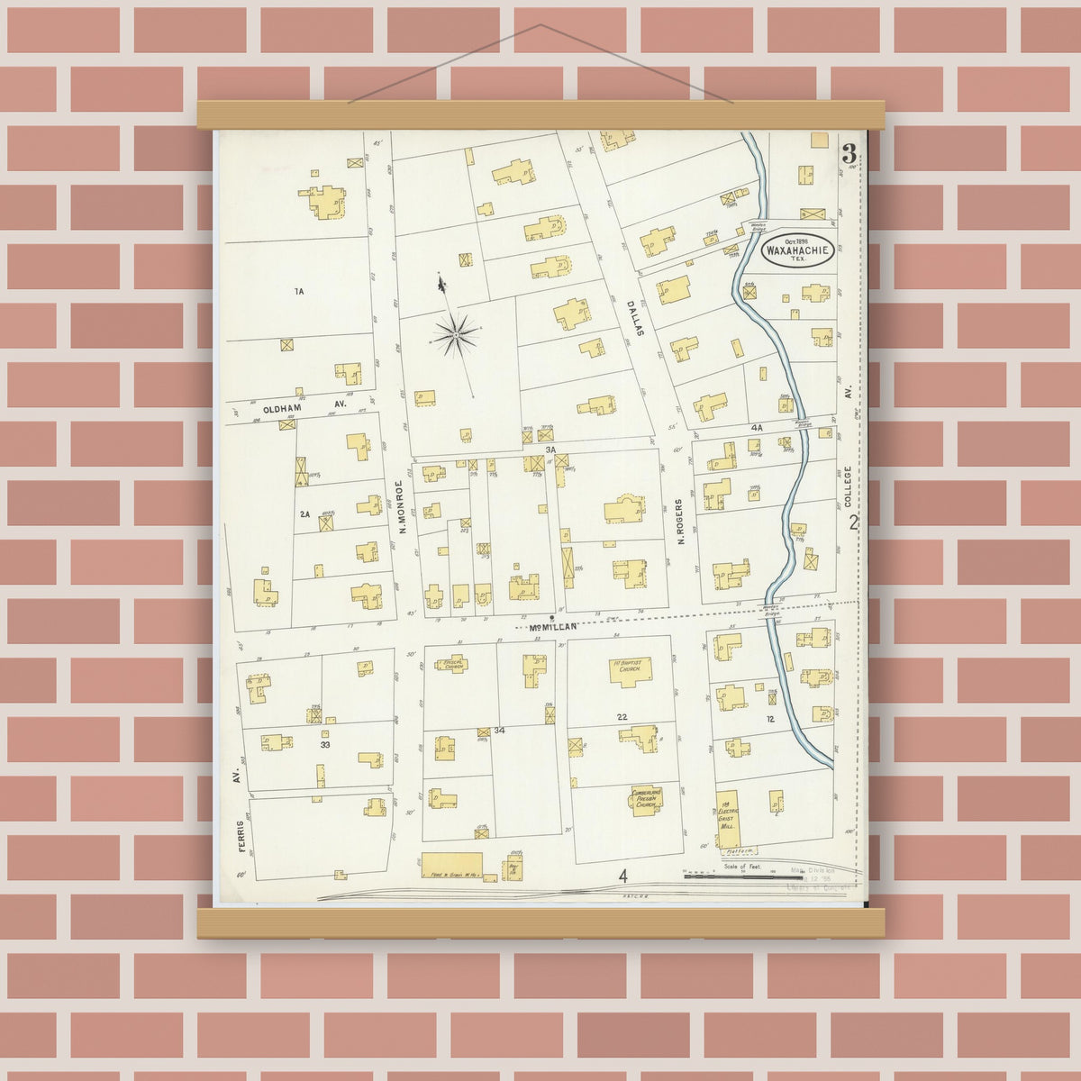 Old map wall art mockup — magnetic wood frame on brick wall — Sanborn Fire Insurance Map from Waxahachie, Ellis County, Texas (1898), Sheet #0003