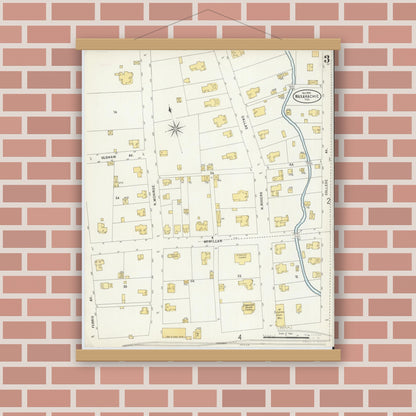 Old map wall art mockup — magnetic wood frame on brick wall — Sanborn Fire Insurance Map from Waxahachie, Ellis County, Texas (1898), Sheet #0003