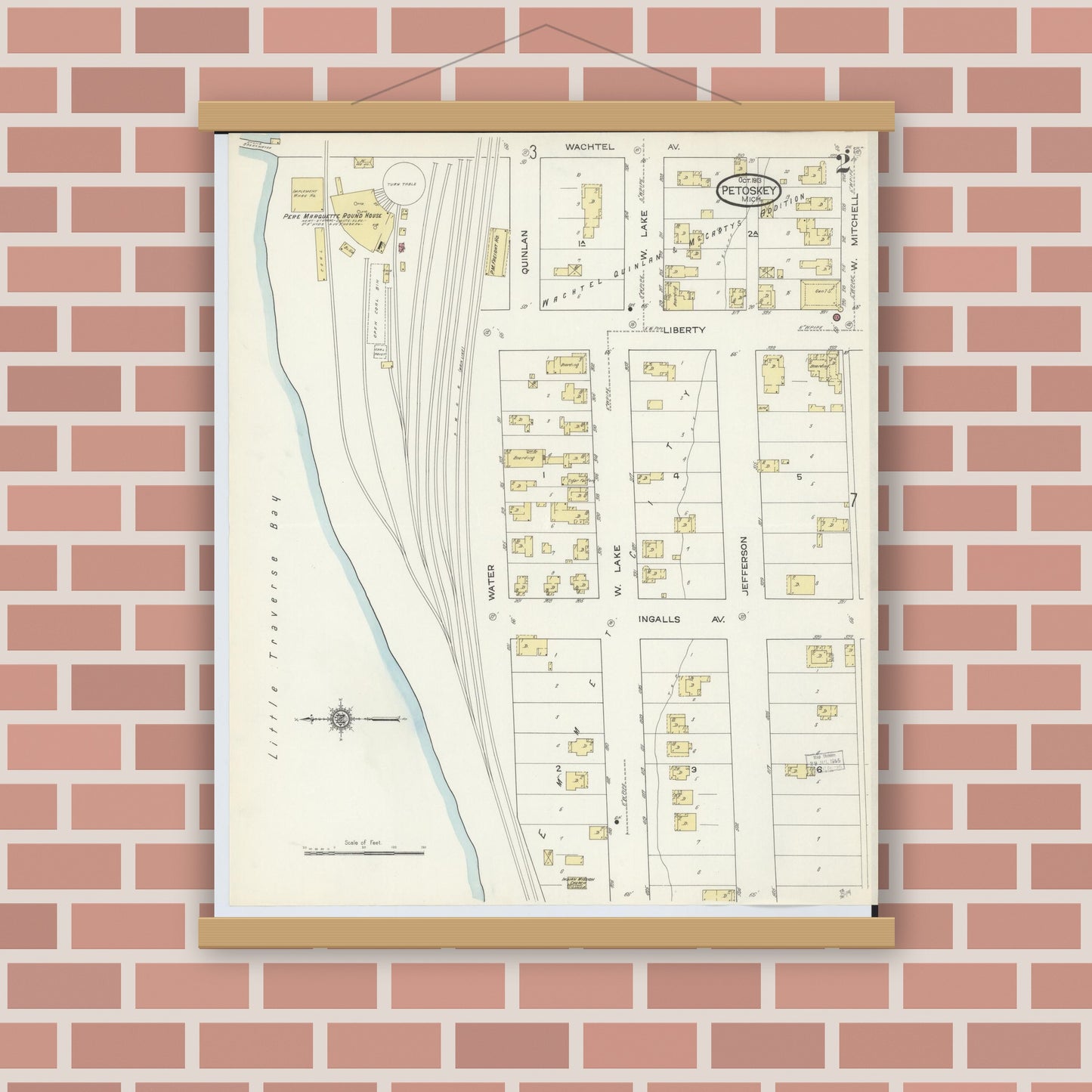 Old map wall art mockup — magnetic wood frame on brick wall — Sanborn Fire Insurance Map from Petoskey, Emmet County, Michigan (1913), Sheet #0002