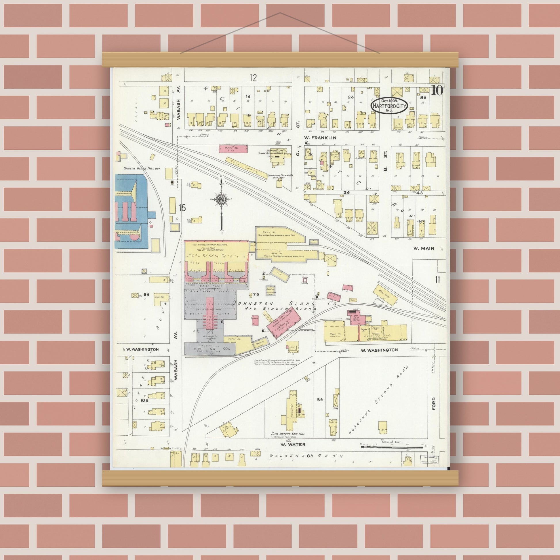 Old map wall art mockup — magnetic wood frame on brick wall — Sanborn Fire Insurance Map from Hartford City, Blackford County, Indiana (1909), Sheet #0010