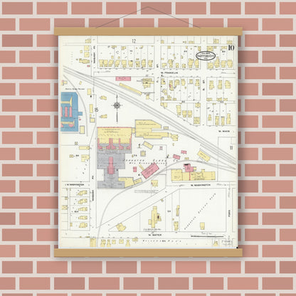 Old map wall art mockup — magnetic wood frame on brick wall — Sanborn Fire Insurance Map from Hartford City, Blackford County, Indiana (1909), Sheet #0010