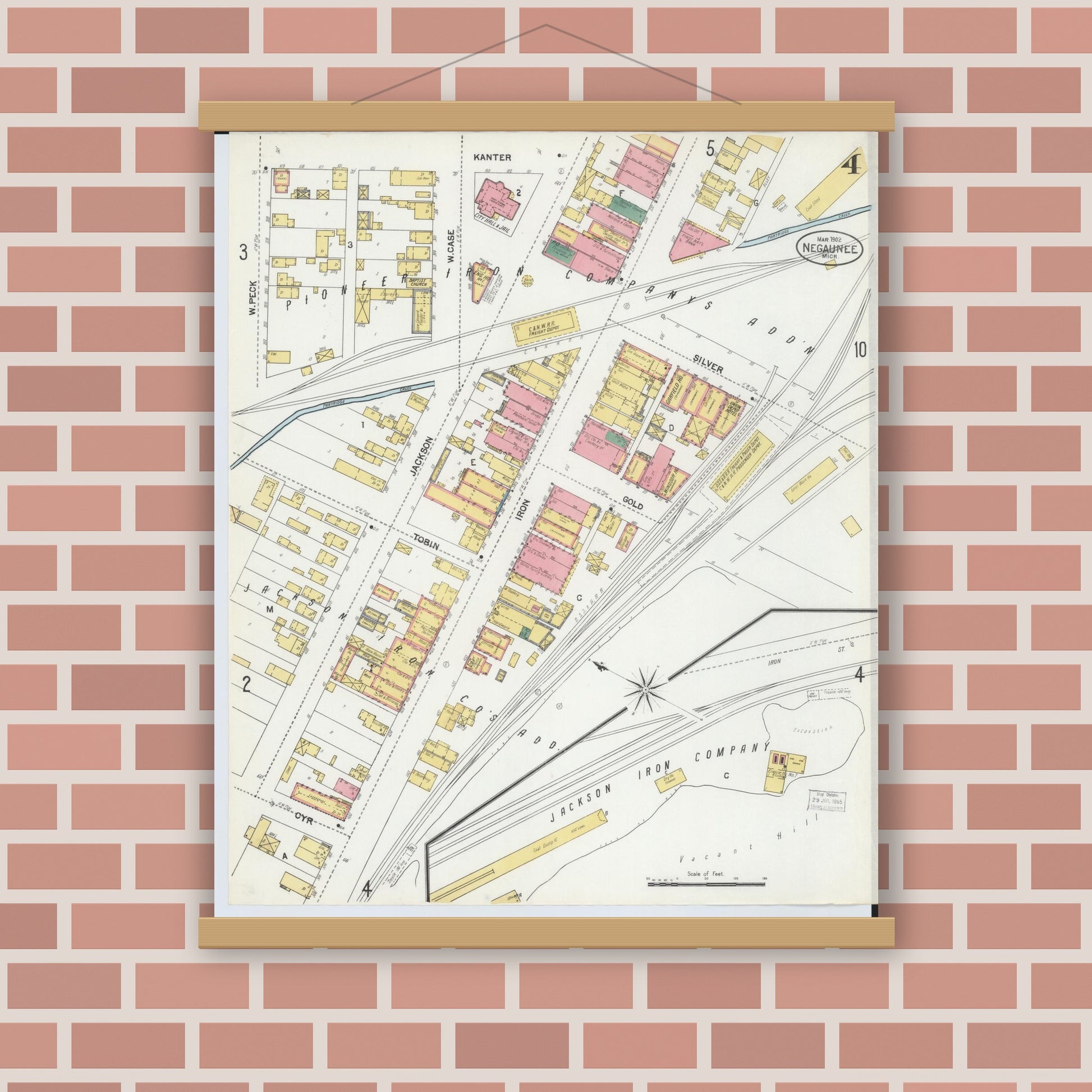 Old map wall art mockup — magnetic wood frame on brick wall — Sanborn Fire Insurance Map from Negaunee, Marquette County, Michigan (1902), Sheet #0004