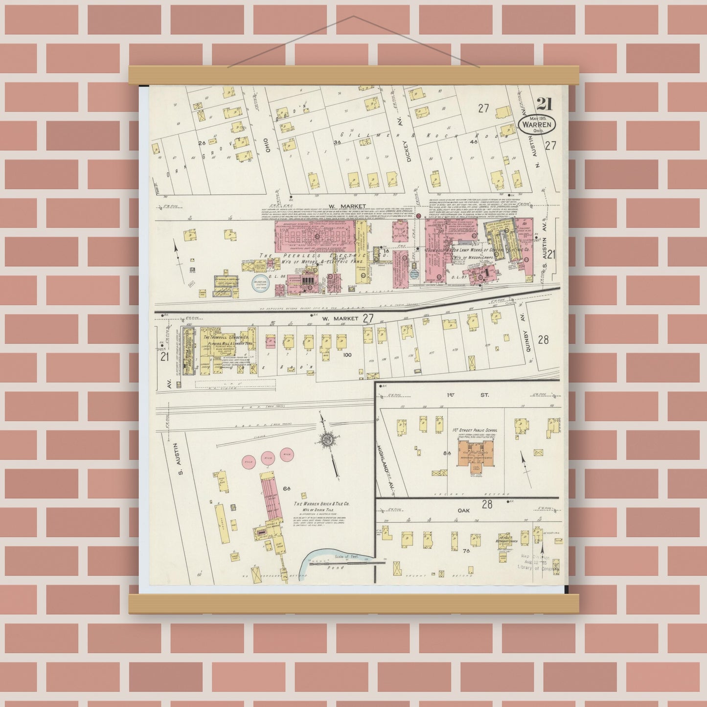 Old map wall art mockup — magnetic wood frame on brick wall — Sanborn Fire Insurance Map from Warren, Trumbull County, Ohio (1915), Sheet #0021