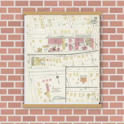 Old map wall art mockup — magnetic wood frame on brick wall — Sanborn Fire Insurance Map from Warren, Trumbull County, Ohio (1915), Sheet #0021