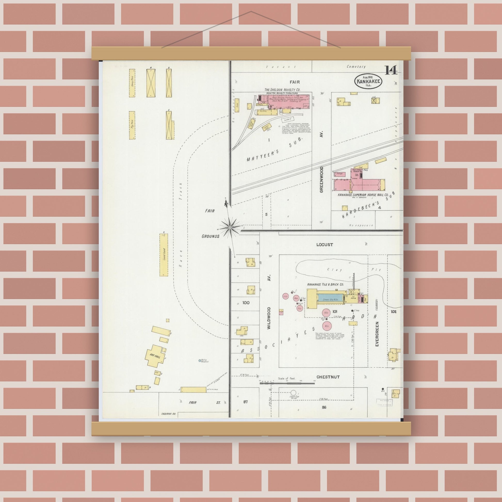 Old map wall art mockup — magnetic wood frame on brick wall — Sanborn Fire Insurance Map from Kankakee, Kankakee County, Illinois (1901), Sheet #0014