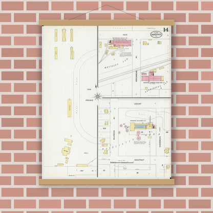 Old map wall art mockup — magnetic wood frame on brick wall — Sanborn Fire Insurance Map from Kankakee, Kankakee County, Illinois (1901), Sheet #0014