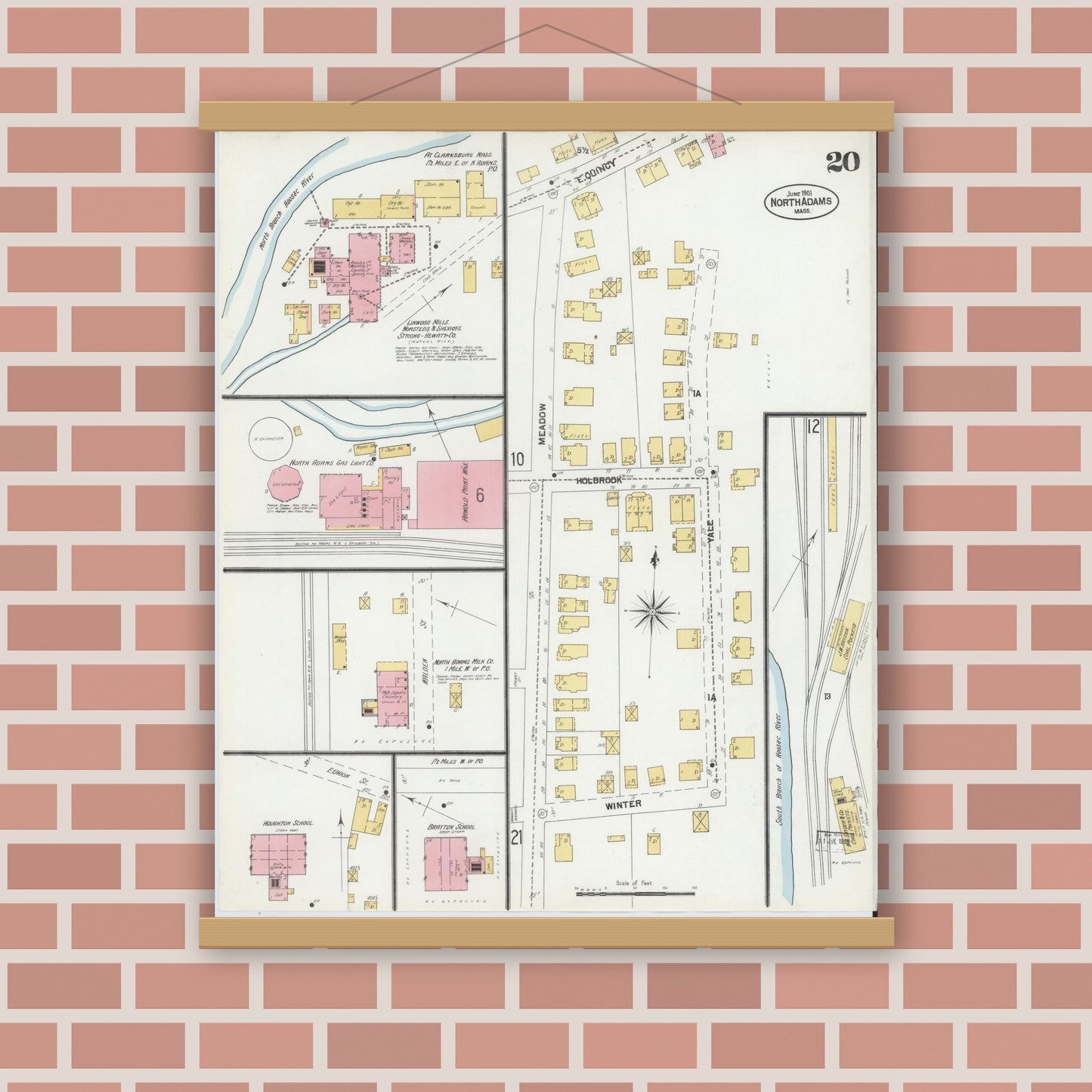 Old map wall art mockup — magnetic wood frame on brick wall — Sanborn Fire Insurance Map from North Adams, Berkshire County, Massachusetts (1901), Sheet #0020