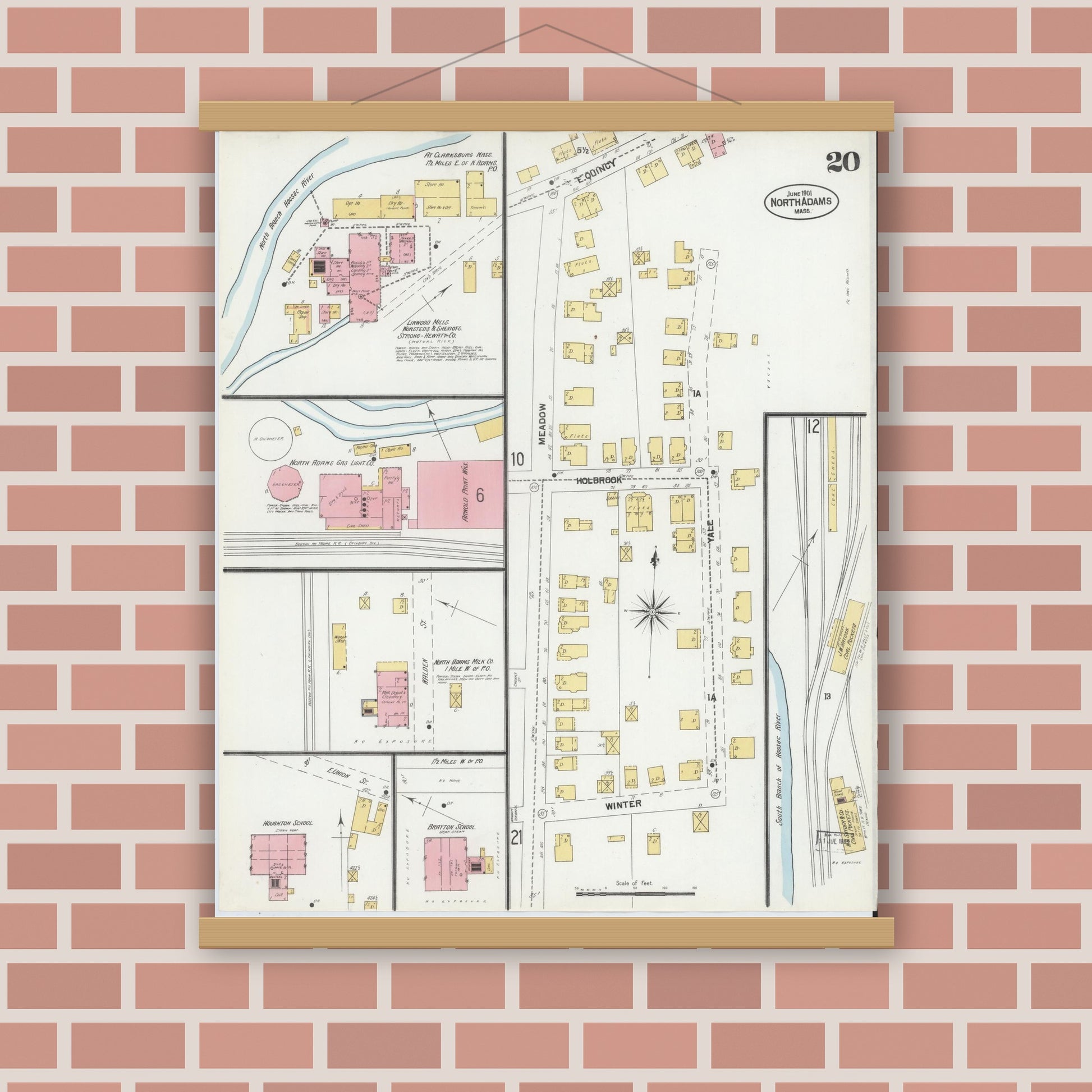 Old map wall art mockup — magnetic wood frame on brick wall — Sanborn Fire Insurance Map from North Adams, Berkshire County, Massachusetts (1901), Sheet #0020