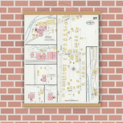 Old map wall art mockup — magnetic wood frame on brick wall — Sanborn Fire Insurance Map from North Adams, Berkshire County, Massachusetts (1901), Sheet #0020