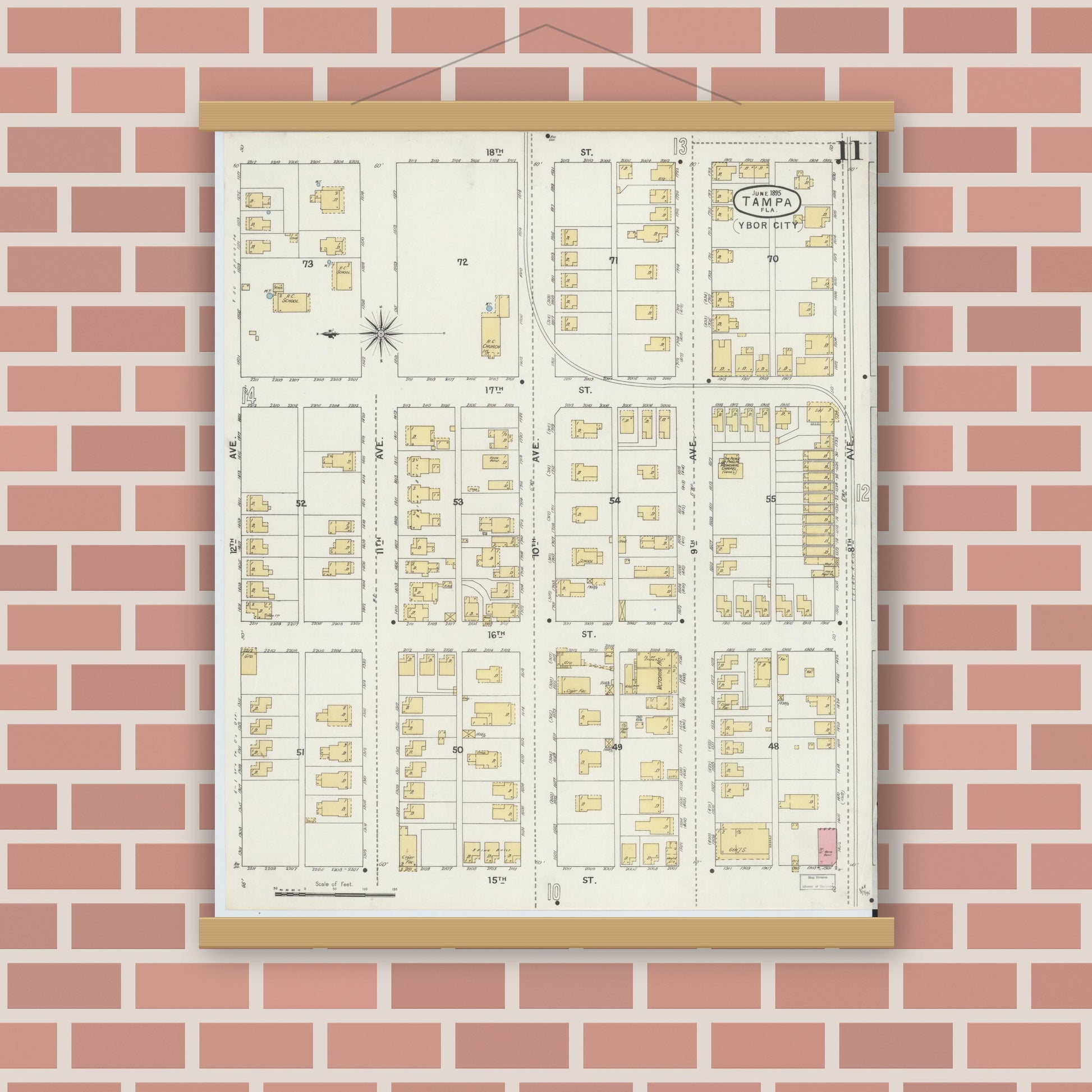 Old map wall art mockup — magnetic wood frame on brick wall — Sanborn Fire Insurance Map from Tampa, Hillsborough County, Florida (1895), Sheet #0015
