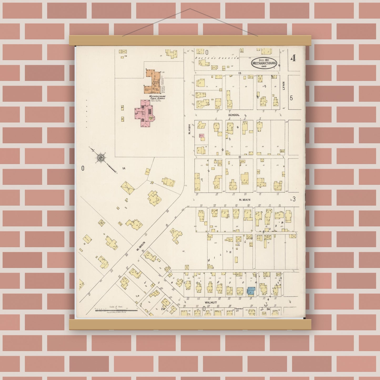 Old map wall art mockup — magnetic wood frame on brick wall — Sanborn Fire Insurance Map from Mechanicsburg, Champaign County, Ohio (1921), Sheet #0004