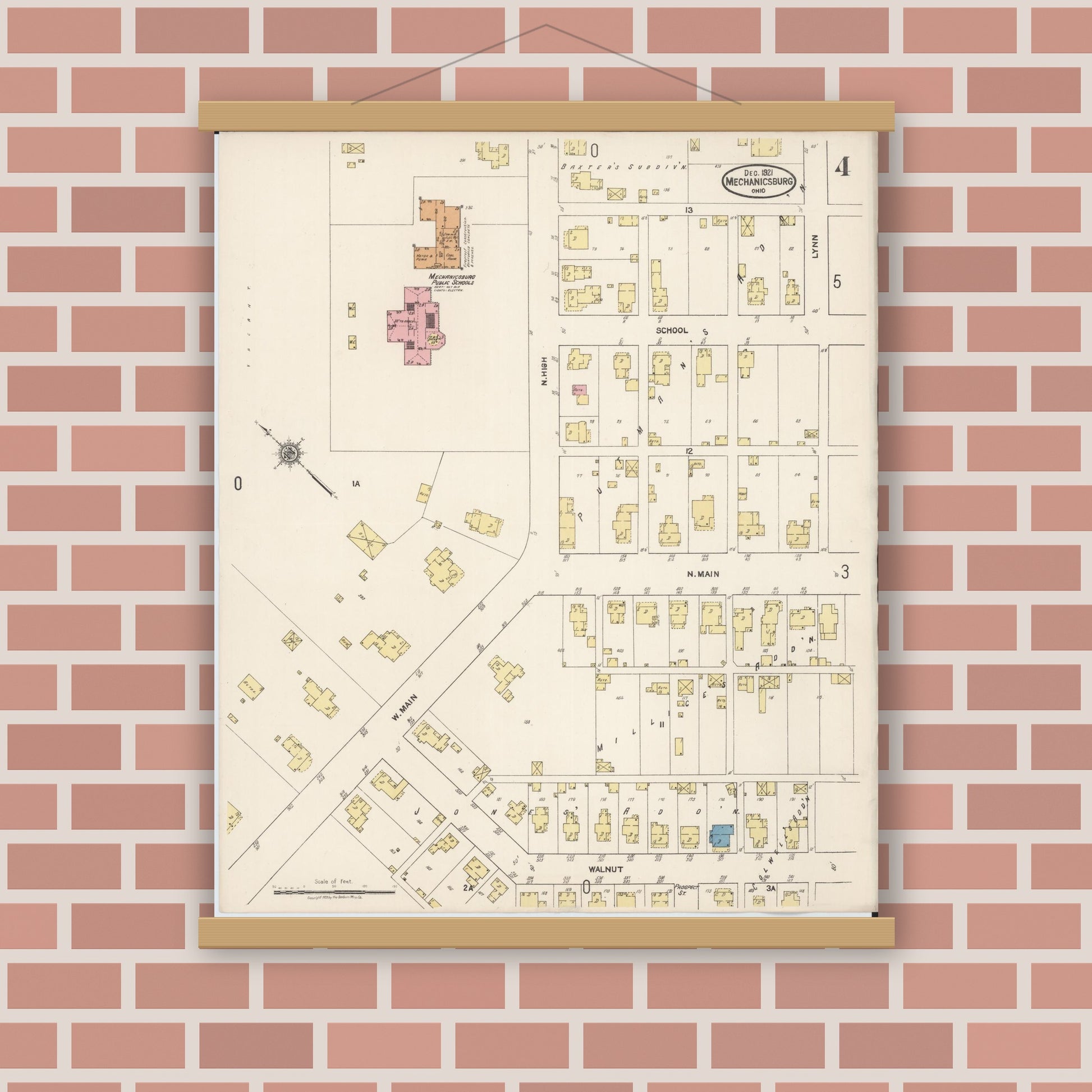 Old map wall art mockup — magnetic wood frame on brick wall — Sanborn Fire Insurance Map from Mechanicsburg, Champaign County, Ohio (1921), Sheet #0004