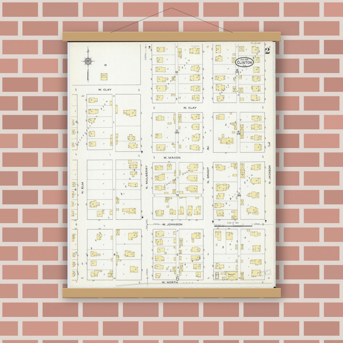 Old map wall art mockup — magnetic wood frame on brick wall — Sanborn Fire Insurance Map from Clinton, De Witt County, Illinois (1916), Sheet #0002