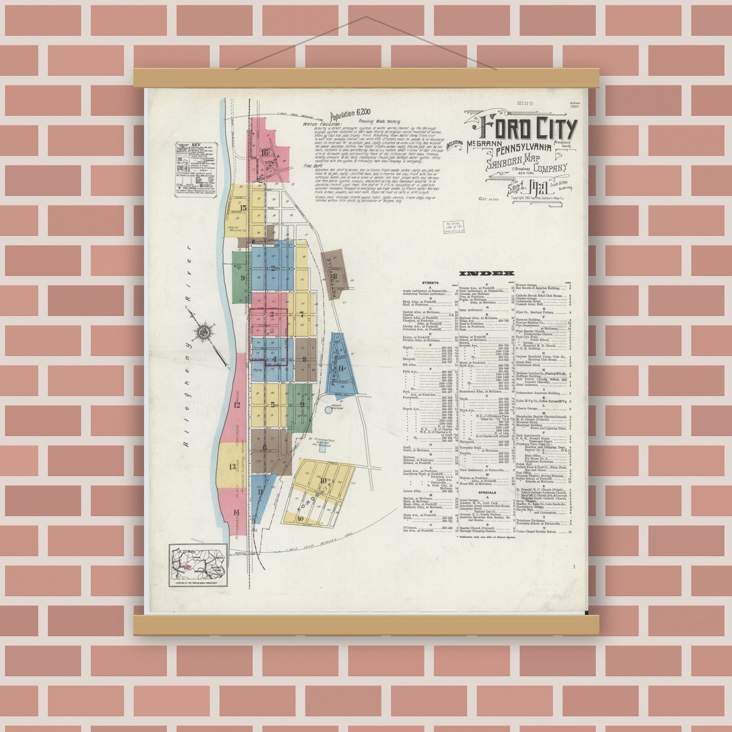 Old map wall art mockup — magnetic wood frame on brick wall — Sanborn Fire Insurance Map from Ford City, Armstrong County, Pennsylvania (1921), Sheet #0001