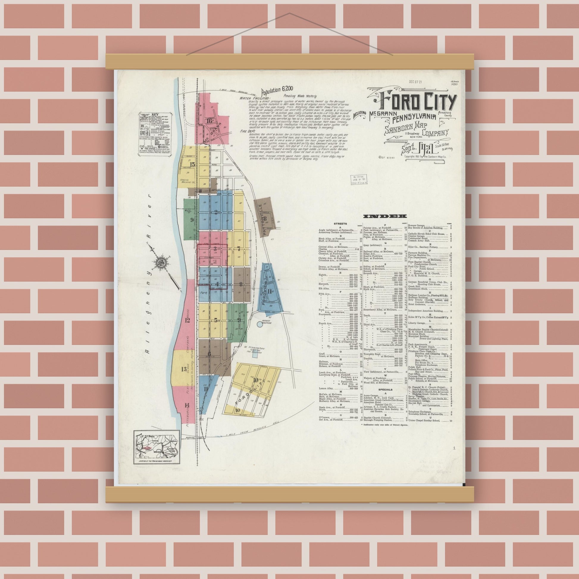 Old map wall art mockup — magnetic wood frame on brick wall — Sanborn Fire Insurance Map from Ford City, Armstrong County, Pennsylvania (1921), Sheet #0001