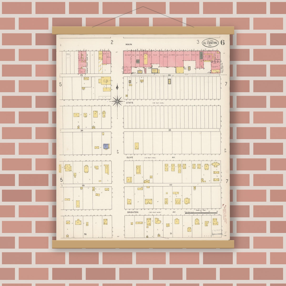 Old map wall art mockup — magnetic wood frame on brick wall — Sanborn Fire Insurance Map from El Centro, Imperial County, California (1910), Sheet #0006