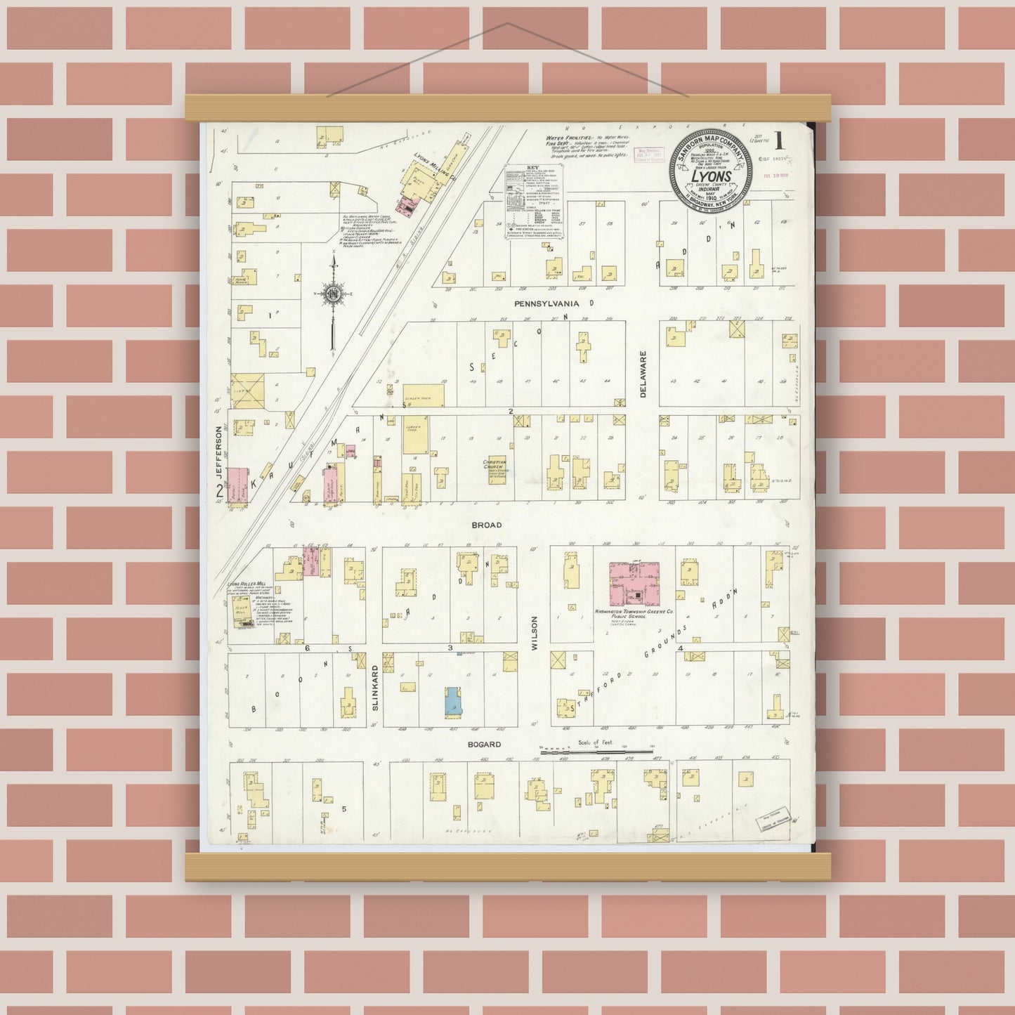 Old map wall art mockup — magnetic wood frame on brick wall — Sanborn Fire Insurance Map from Lyons, Greene County, Indiana (1910) - Complete Map Set