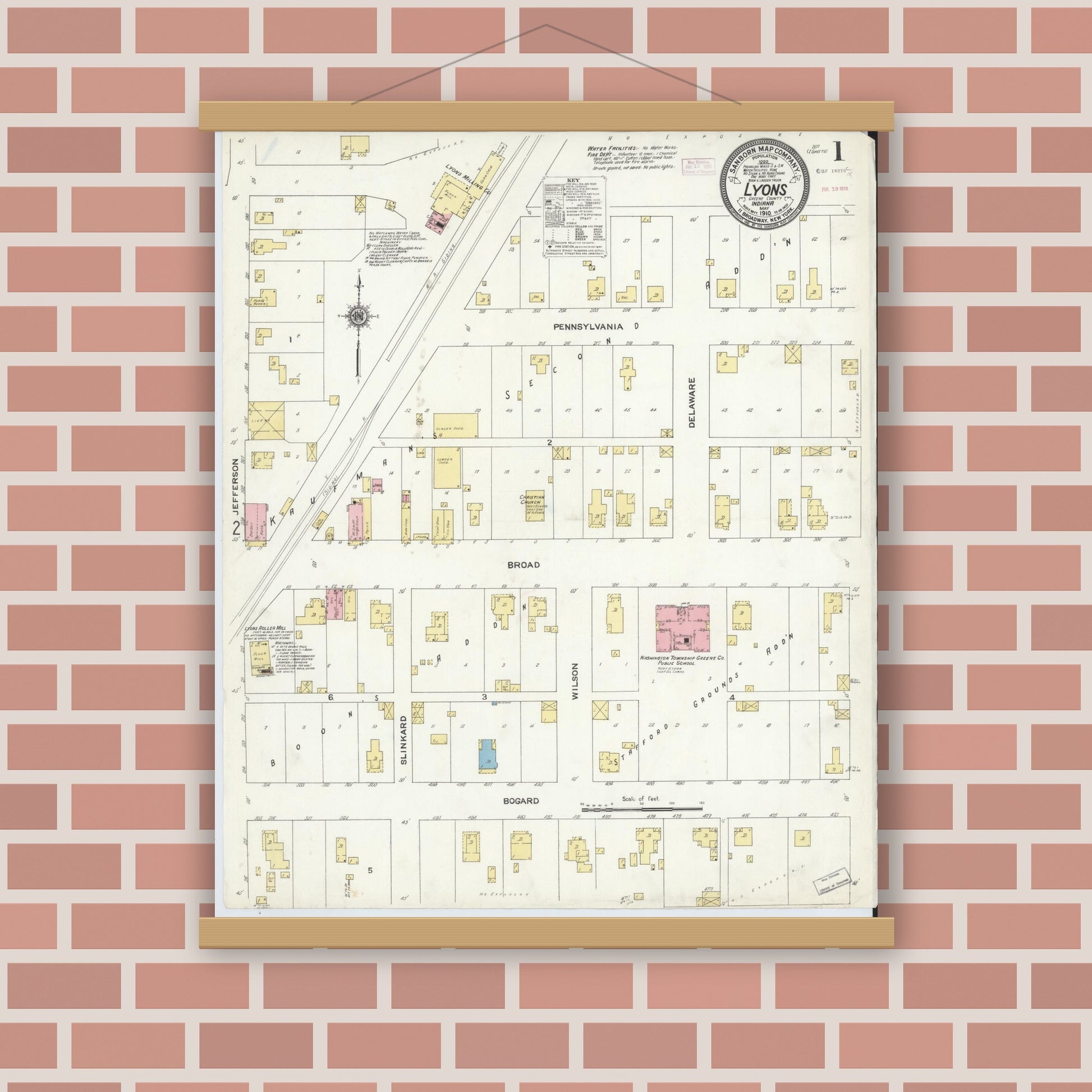 Old map wall art mockup — magnetic wood frame on brick wall — Sanborn Fire Insurance Map from Lyons, Greene County, Indiana (1910) - Complete Map Set