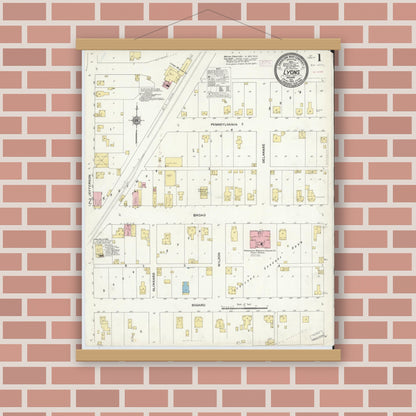 Old map wall art mockup — magnetic wood frame on brick wall — Sanborn Fire Insurance Map from Lyons, Greene County, Indiana (1910) - Complete Map Set