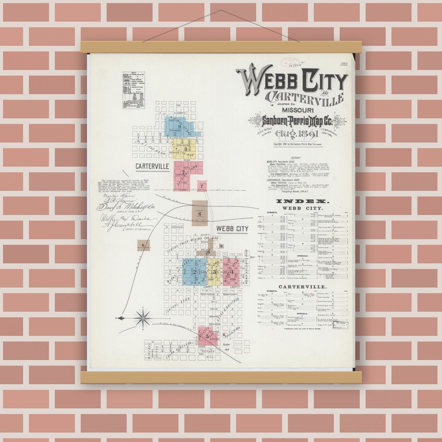 Old map wall art mockup — magnetic wood frame on brick wall — Sanborn Fire Insurance Map from Webb City, Jasper County, Missouri (1891), Sheet #0001