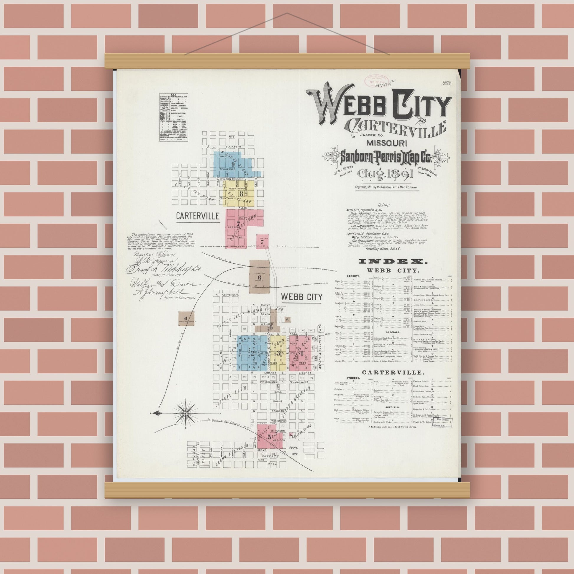 Old map wall art mockup — magnetic wood frame on brick wall — Sanborn Fire Insurance Map from Webb City, Jasper County, Missouri (1891), Sheet #0001