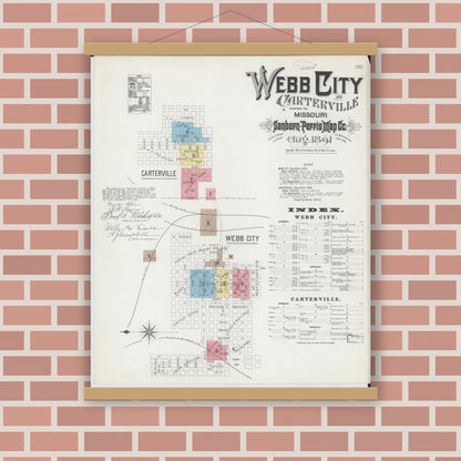 Old map wall art mockup — magnetic wood frame on brick wall — Sanborn Fire Insurance Map from Webb City, Jasper County, Missouri (1891), Sheet #0001