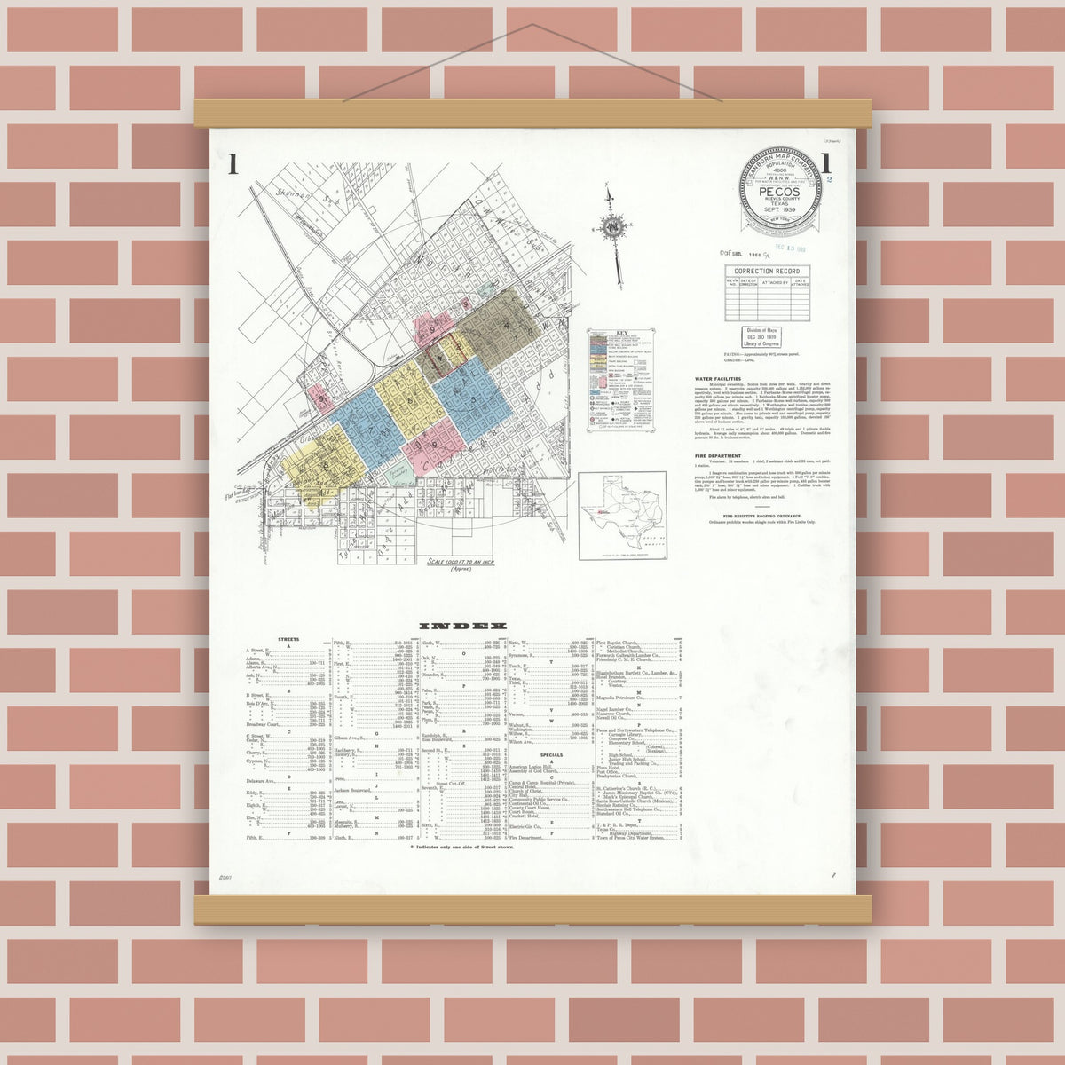 Old map wall art mockup — magnetic wood frame on brick wall — Sanborn Fire Insurance Map from Pecos, Reeves County, Texas (1939) - Complete Map Set