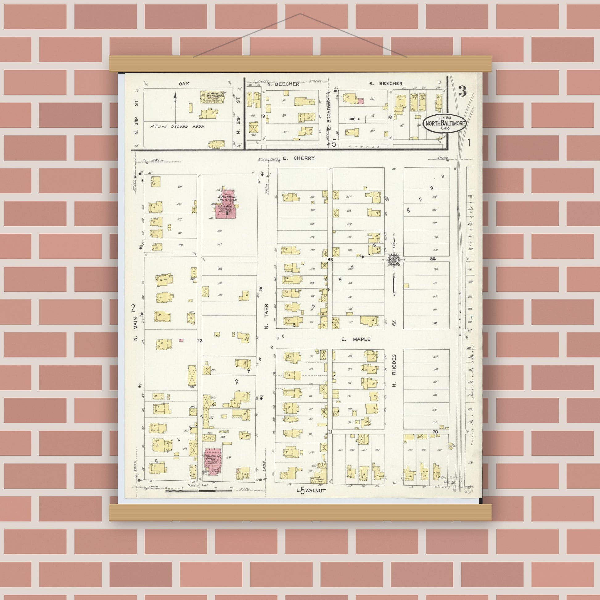 Old map wall art mockup — magnetic wood frame on brick wall — Sanborn Fire Insurance Map from North Baltimore, Wood County, Ohio (1913), Sheet #0003