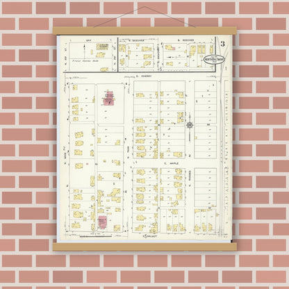 Old map wall art mockup — magnetic wood frame on brick wall — Sanborn Fire Insurance Map from North Baltimore, Wood County, Ohio (1913), Sheet #0003