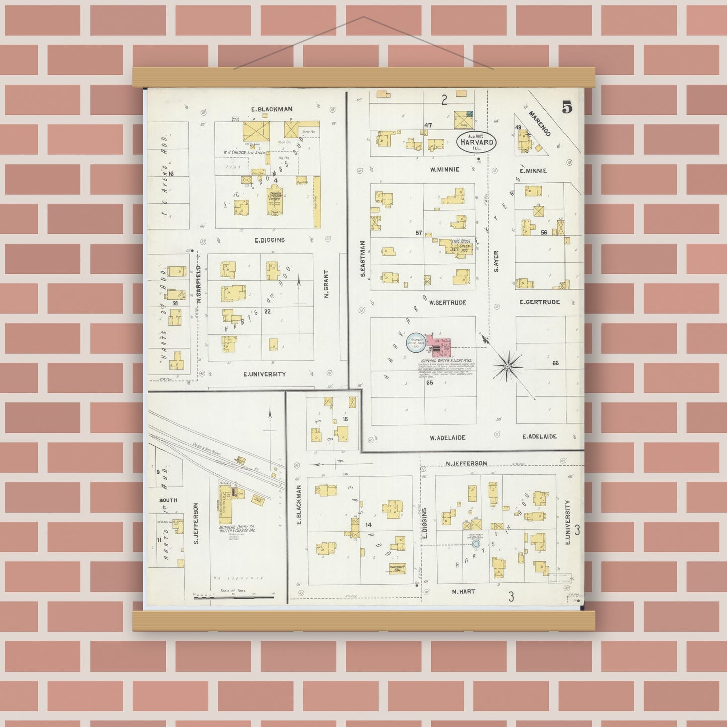 Old map wall art mockup — magnetic wood frame on brick wall — Sanborn Fire Insurance Map from Harvard, McHenry County, Illinois (1902), Sheet #0005