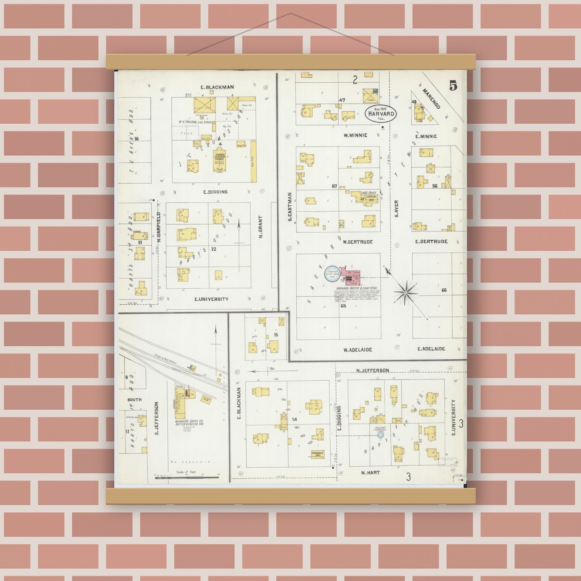 Old map wall art mockup — magnetic wood frame on brick wall — Sanborn Fire Insurance Map from Harvard, McHenry County, Illinois (1902), Sheet #0005