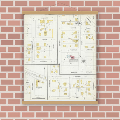Old map wall art mockup — magnetic wood frame on brick wall — Sanborn Fire Insurance Map from Harvard, McHenry County, Illinois (1902), Sheet #0005
